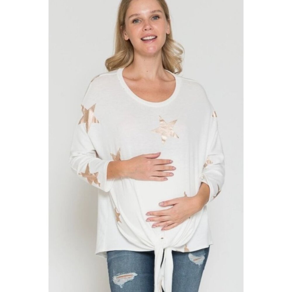 White Star Print Maternity Top With Tie Hem XL
